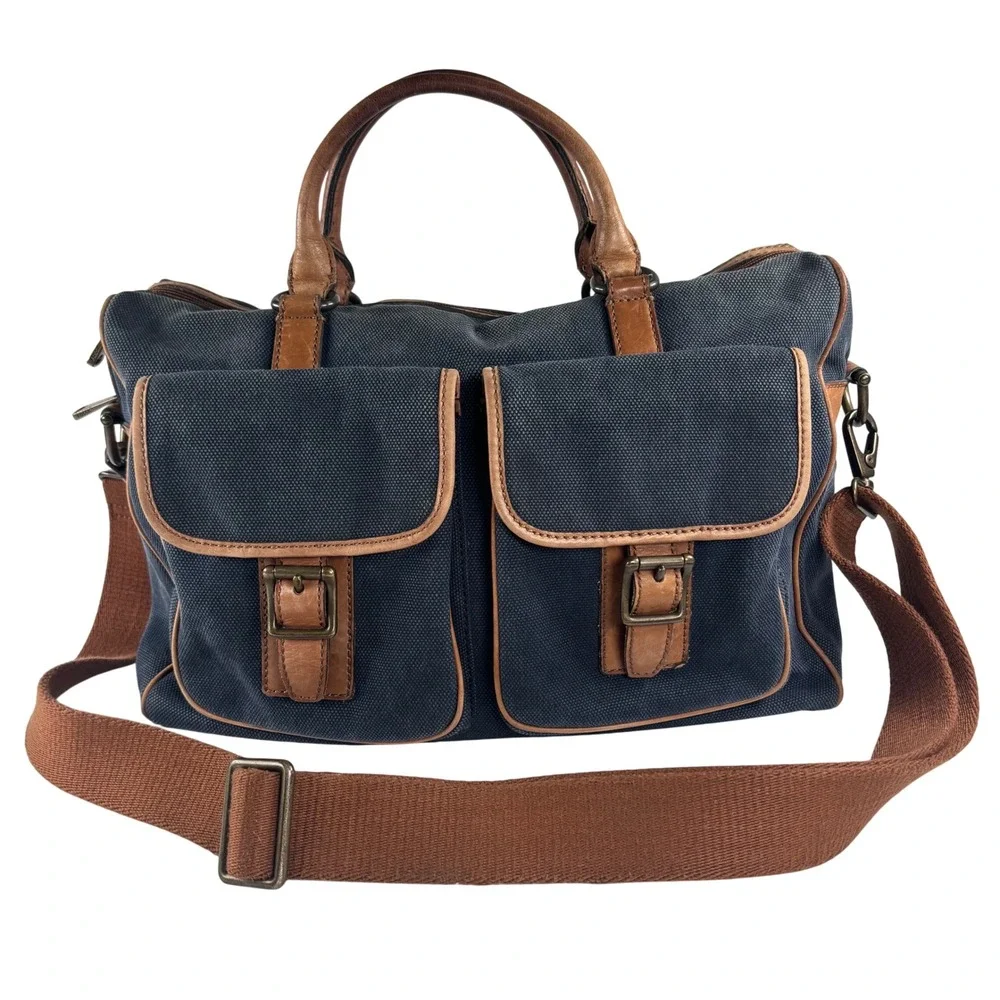 Y2K VTG Fossil Messenger Bag Navy Blue‎ Canvas Leather Laptop Satchel Academia